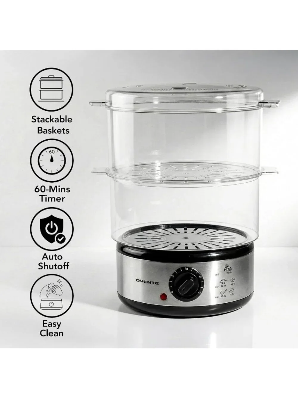 2-Tier Stainless Steel Electric Food Steamer, 5 Qt, Stackable, 400W, Timer